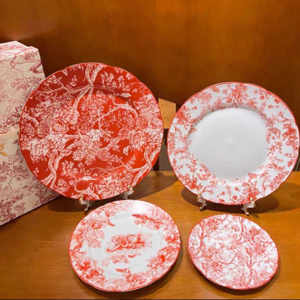 Close-up of red hydrangea motifs on Dior Unisex Decorative Plate