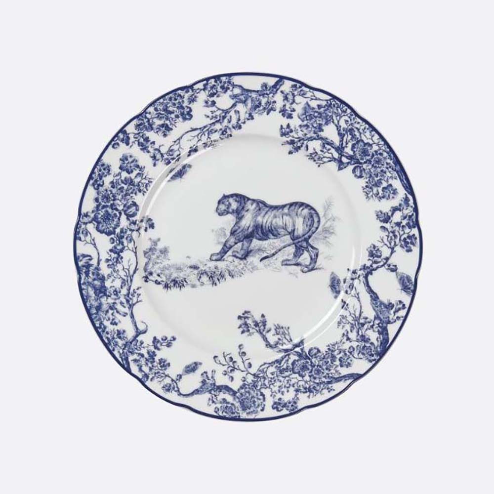 Top view of Dior Unisex Dessert Plate Blue Toile de Jouy Tiger showing full pattern