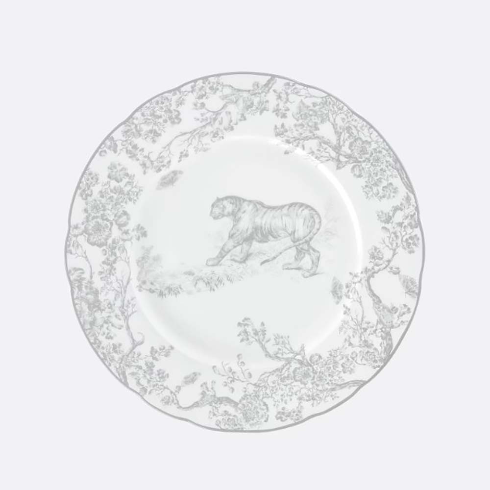 Top view of Dior Unisex Dessert Plate Gray Toile de Jouy Tiger with detailed tiger motif
