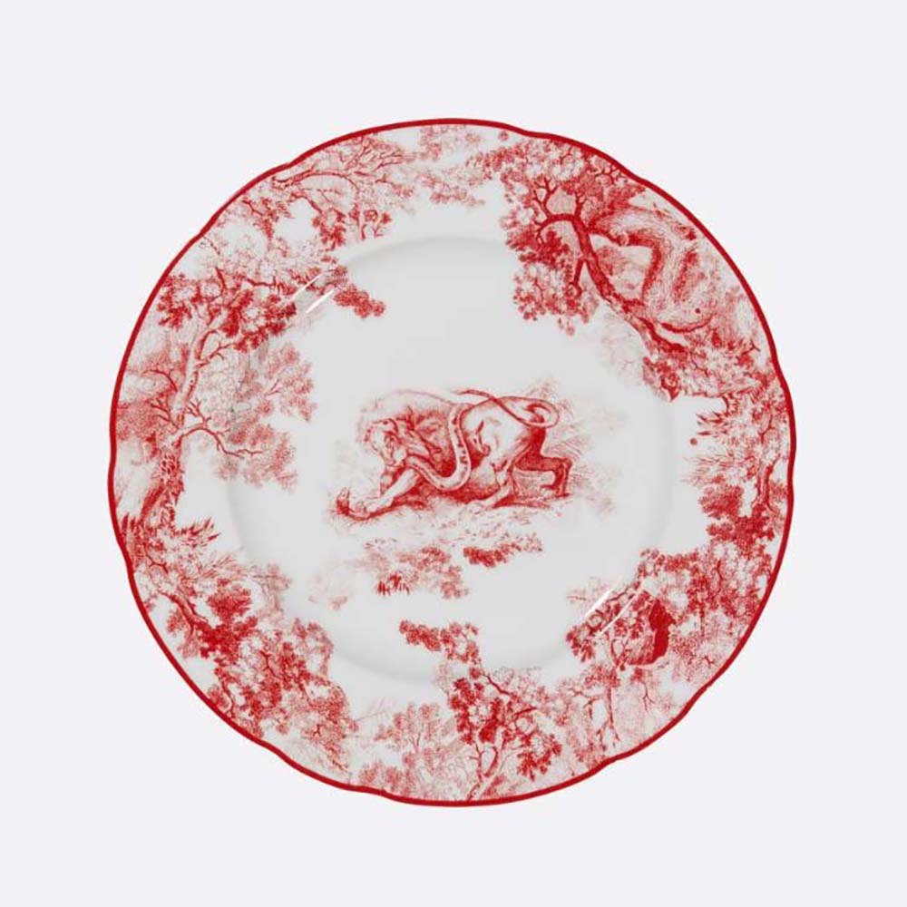 Dior Unisex Dessert Plate Red Toile de Jouy Lion front view with intricate lion motif