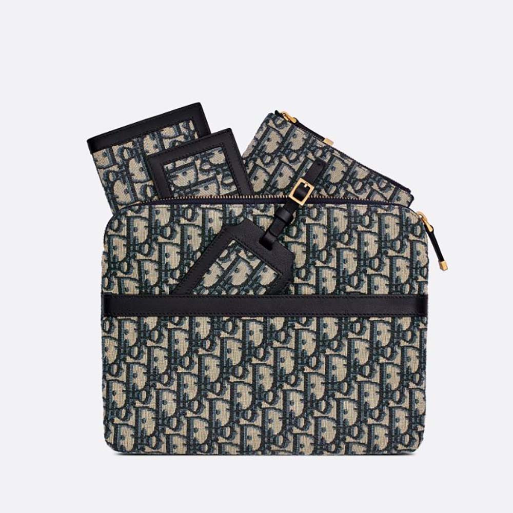 Front view of Dior Unisex Diortravel Travel Kit Blue Dior Oblique Jacquard