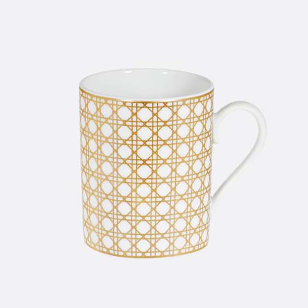 Front view of Dior Unisex Mug Gold-Tone Cannage Montaigne in beige