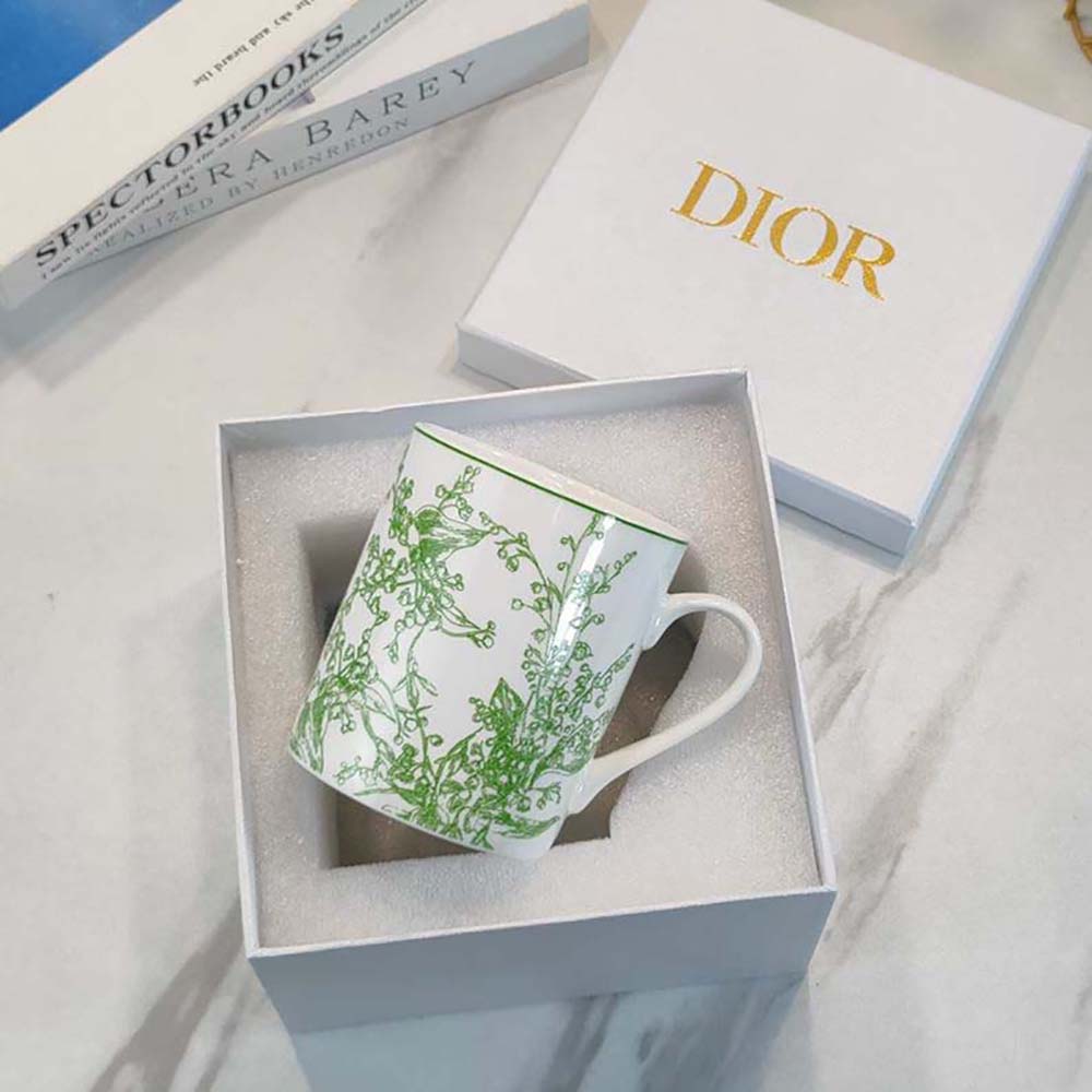 Close-up on Lily of the Valley detail on Dior Unisex Mug Green New Lily of the Valley