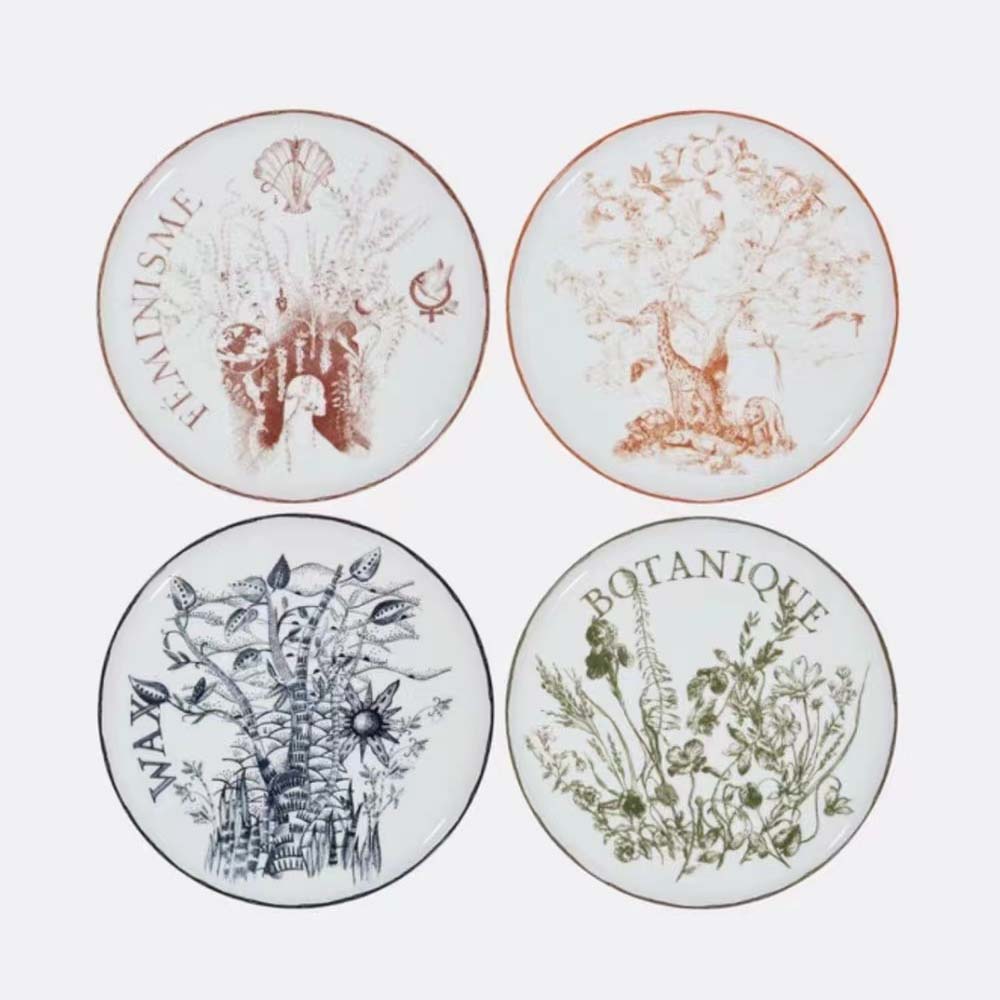 Top view of Dior Unisex Set of 4 Dinner Plates showing multicolor designs