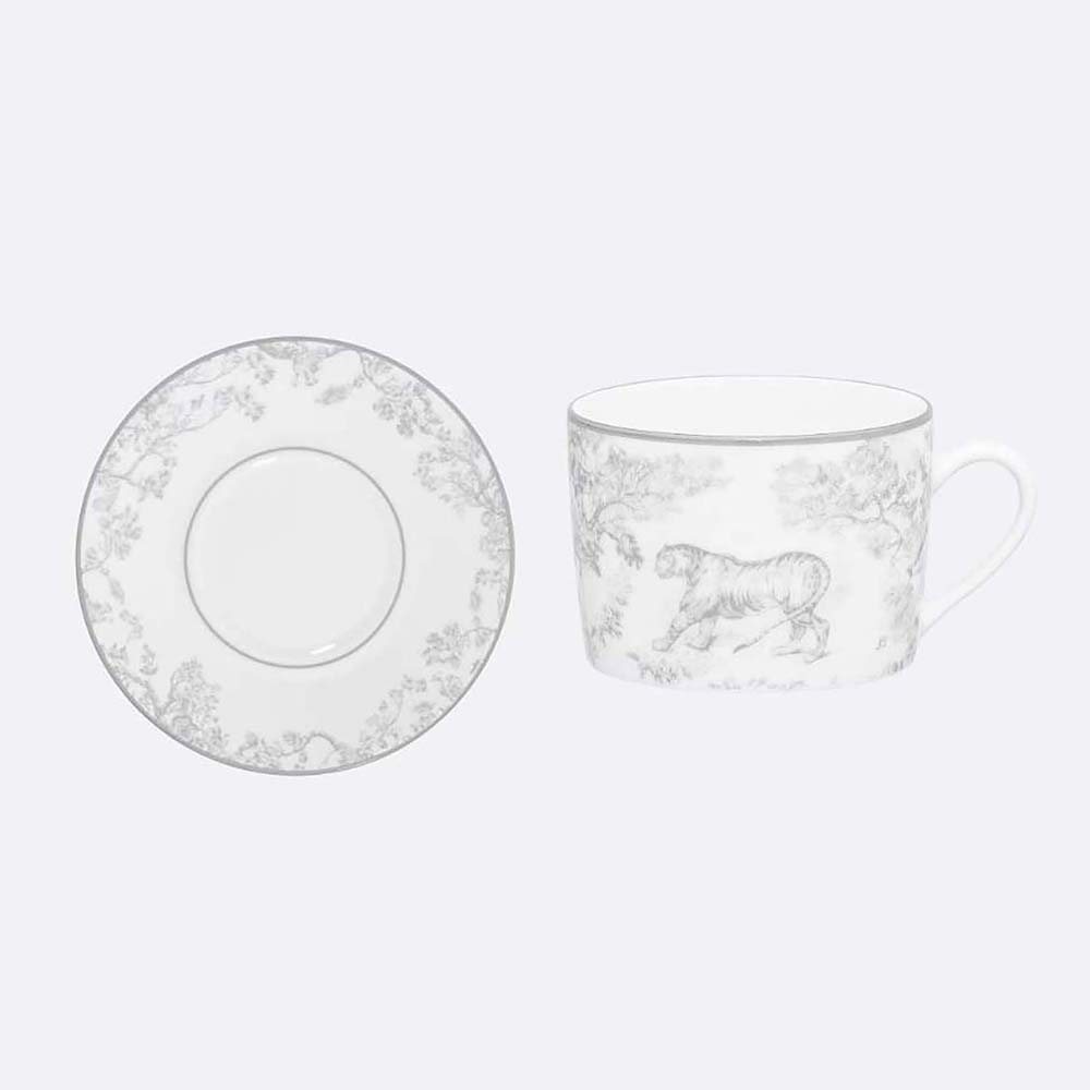 Front view of Dior Unisex Teacup Saucer Gray Toile De Jouy showing fabric detail