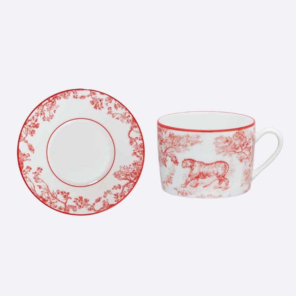 Top view of Dior Unisex Teacup Saucer Red Toile De Jouy showing red toile pattern