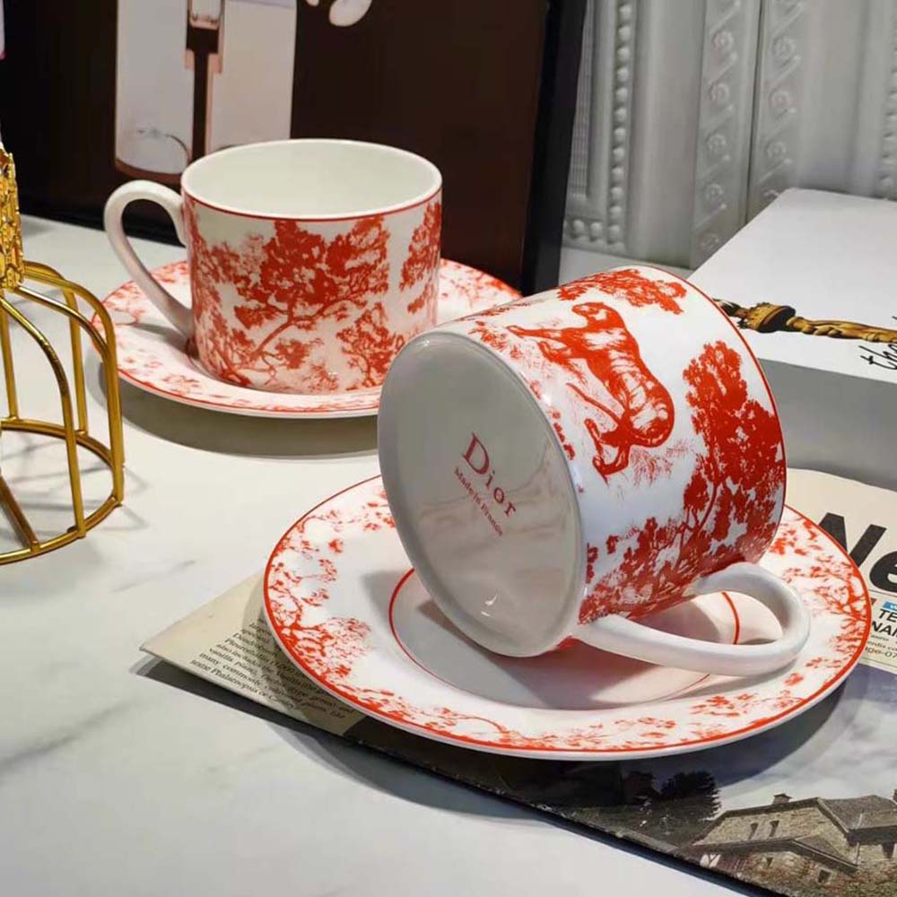 Dior Unisex Teacup Saucer Red Toile De Jouy - image 4