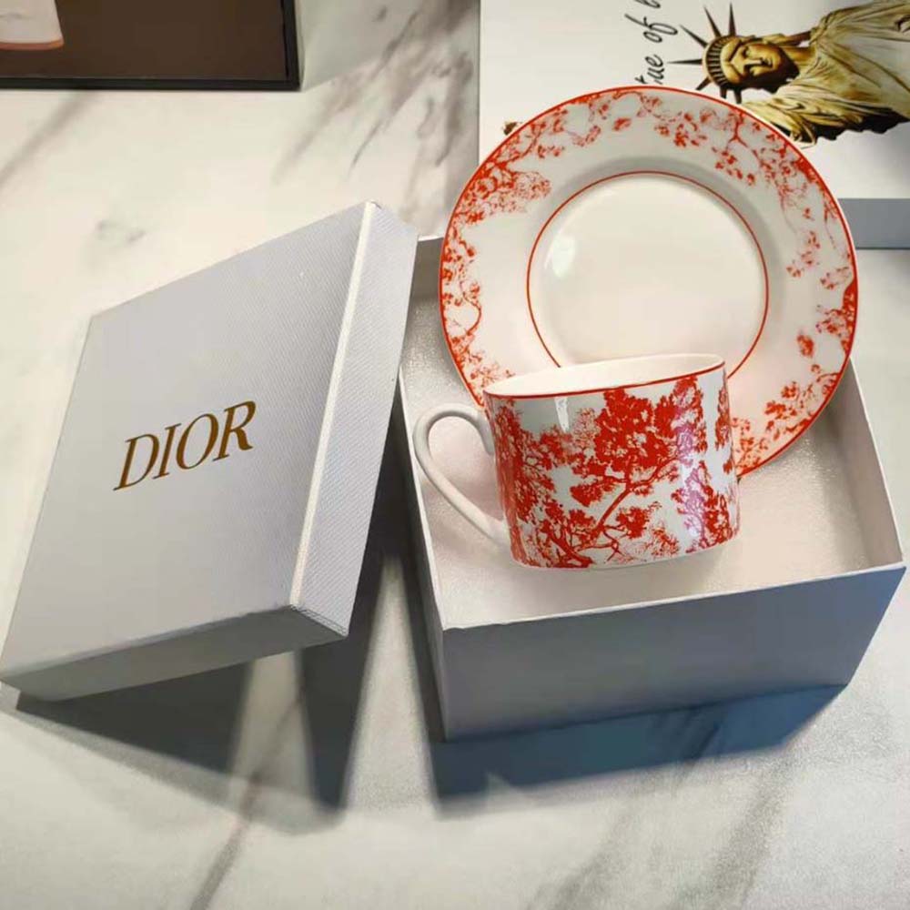 Close-up detail of glossy finish on Dior Unisex Teacup Saucer Red Toile De Jouy