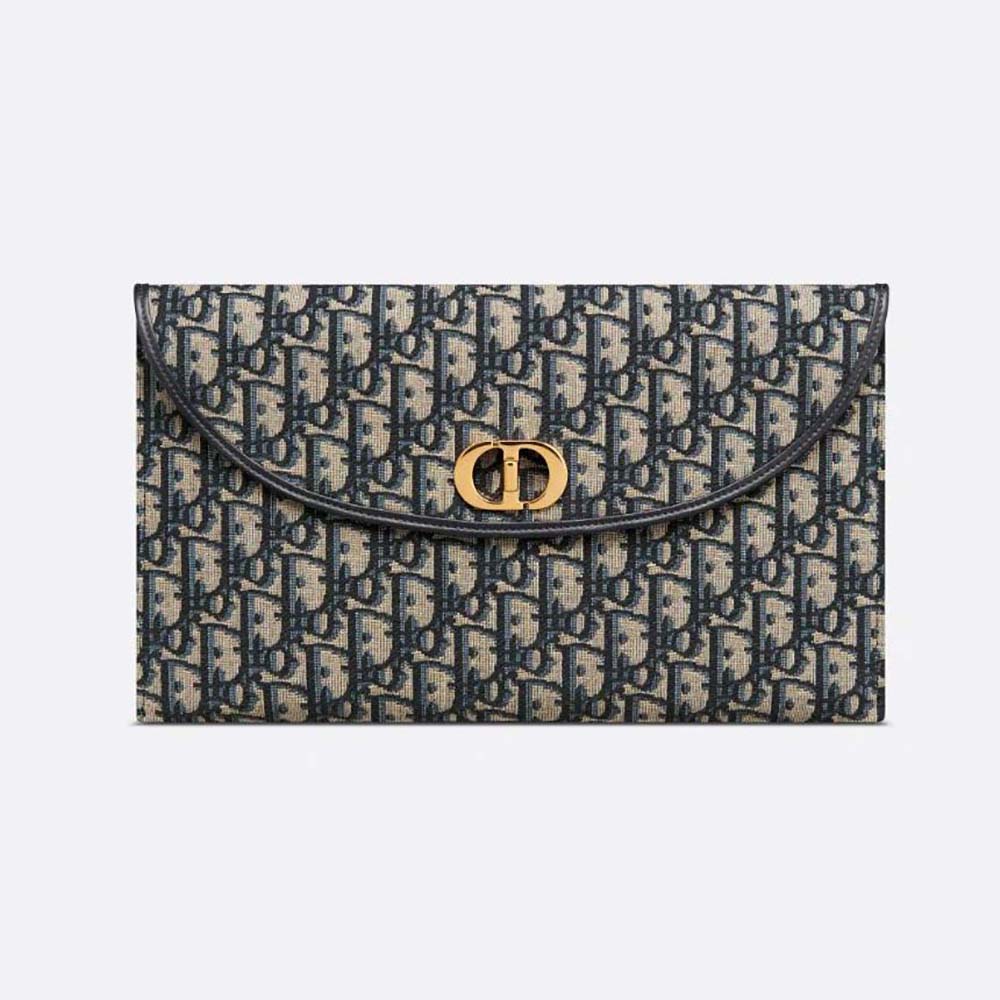 Front view of Dior Women 30 Montaigne Avenue Pouch with Blue Dior Oblique jacquard