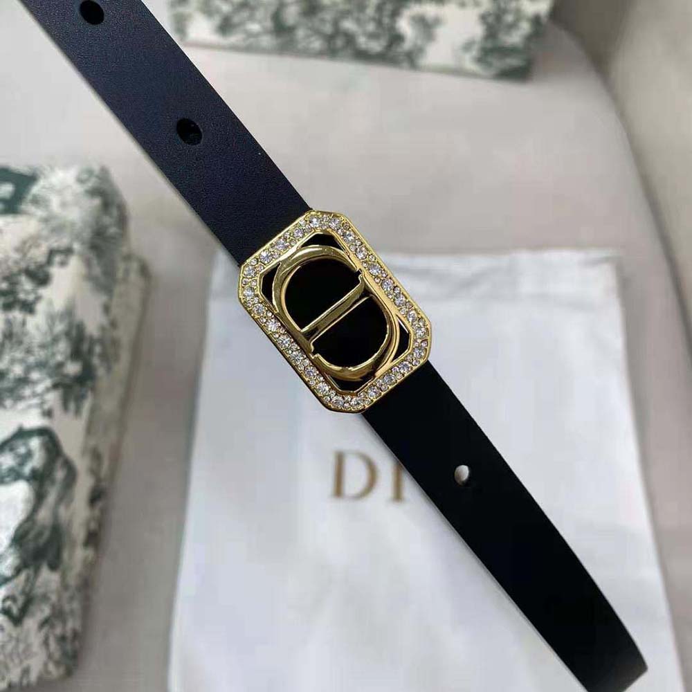 Side angle showing smooth black leather and slim silhouette belt Dior