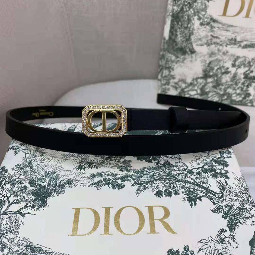 Close-up of silver-tone crystal buckle on Dior Women 30 Montaigne Belt