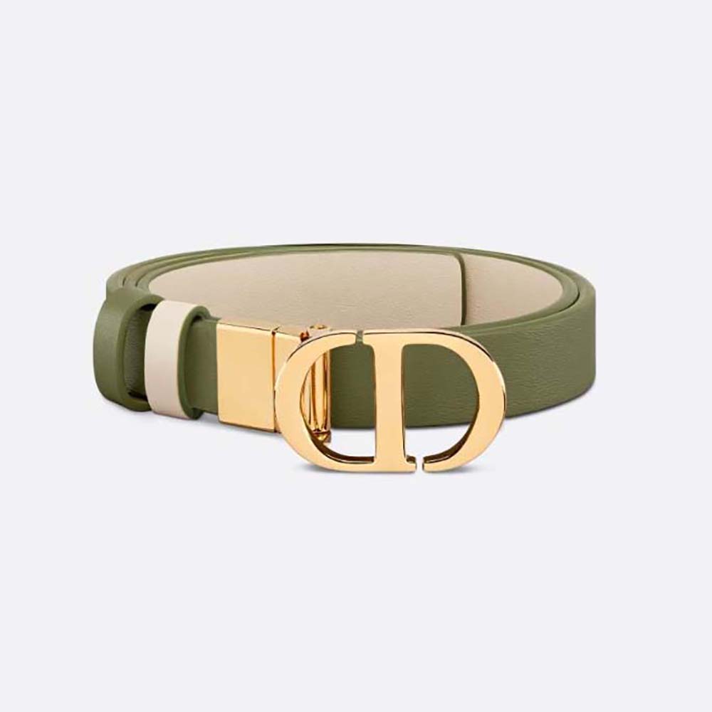 Front angle of Dior Women 30 Montaigne Reversible Belt Aspen Green and Dusty Ivory