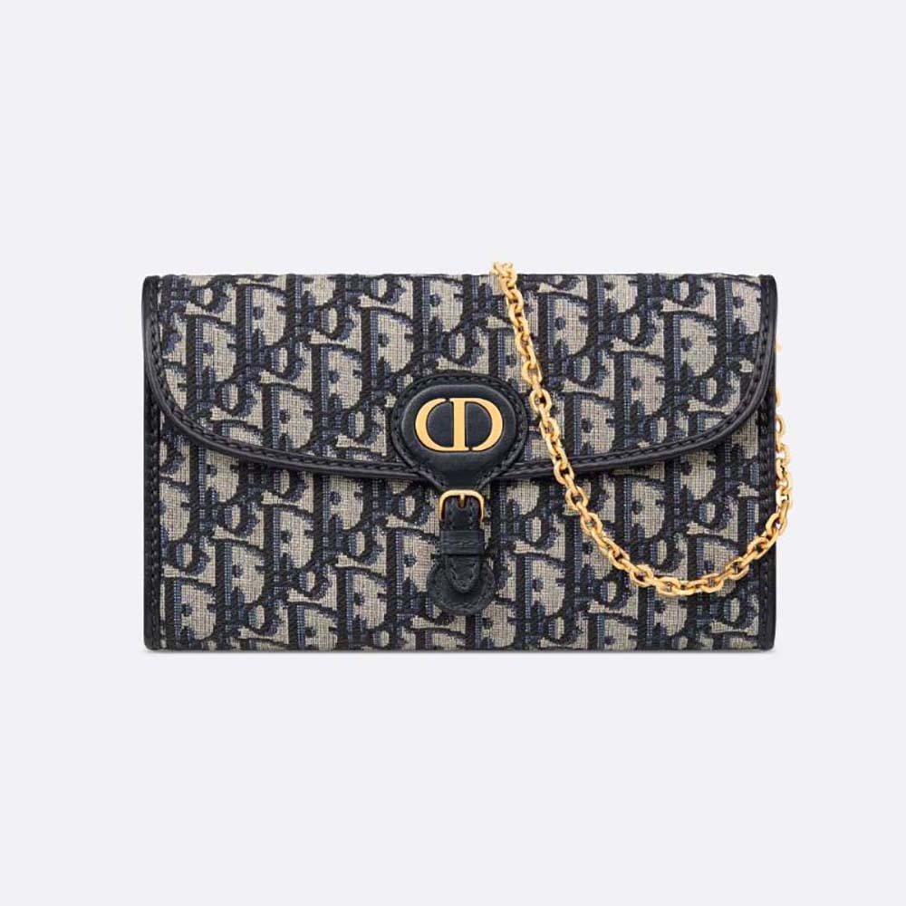 Front view of Dior Women Bobby East-west Pouch with Chain Blue Dior Oblique Jacquard