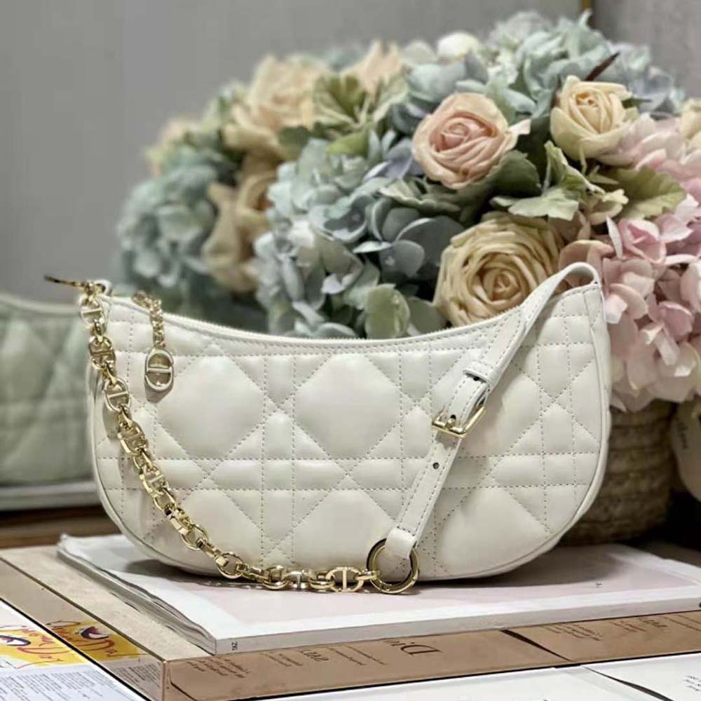 Close-up of Dior Macrocannage stitching on white lambskin bag
