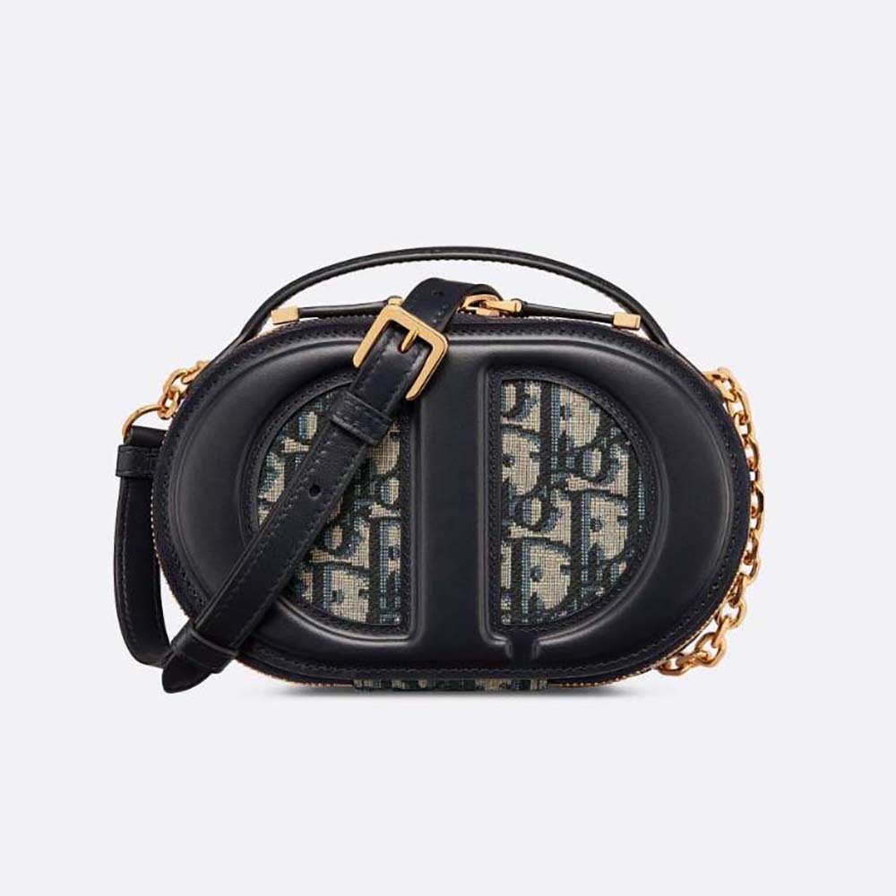 Front view of Dior Women CD Signature Oval Camera Bag Blue Dior Oblique Jacquard
