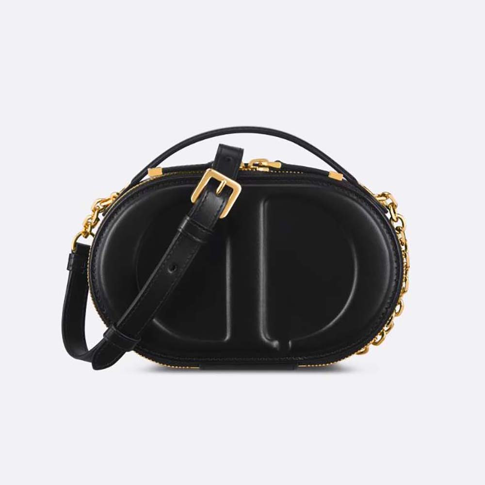 Front view of Dior Women CD Signature Oval Camera Bag in black calfskin
