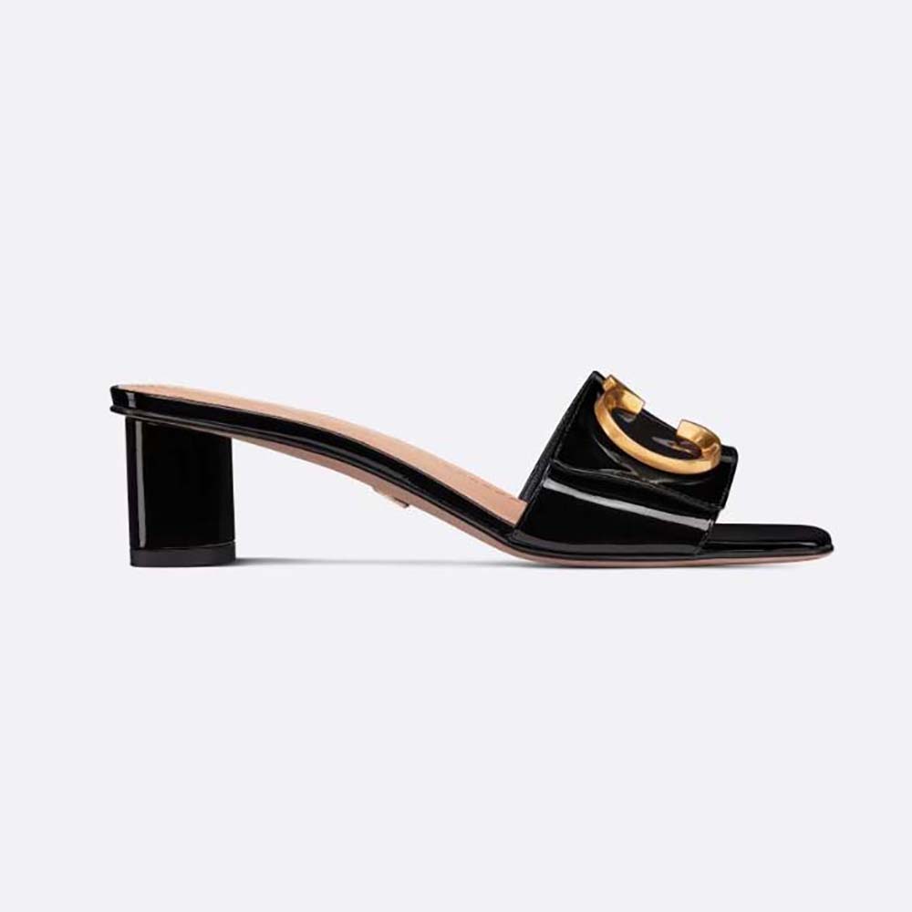 Side angle of Dior Women C’est Dior Heeled Slide Black Patent Calfskin