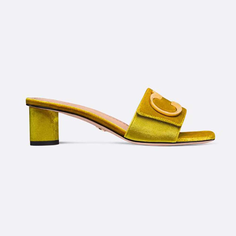 Front angle of Dior Women C’est Dior Heeled Slide Lime Yellow Velvet