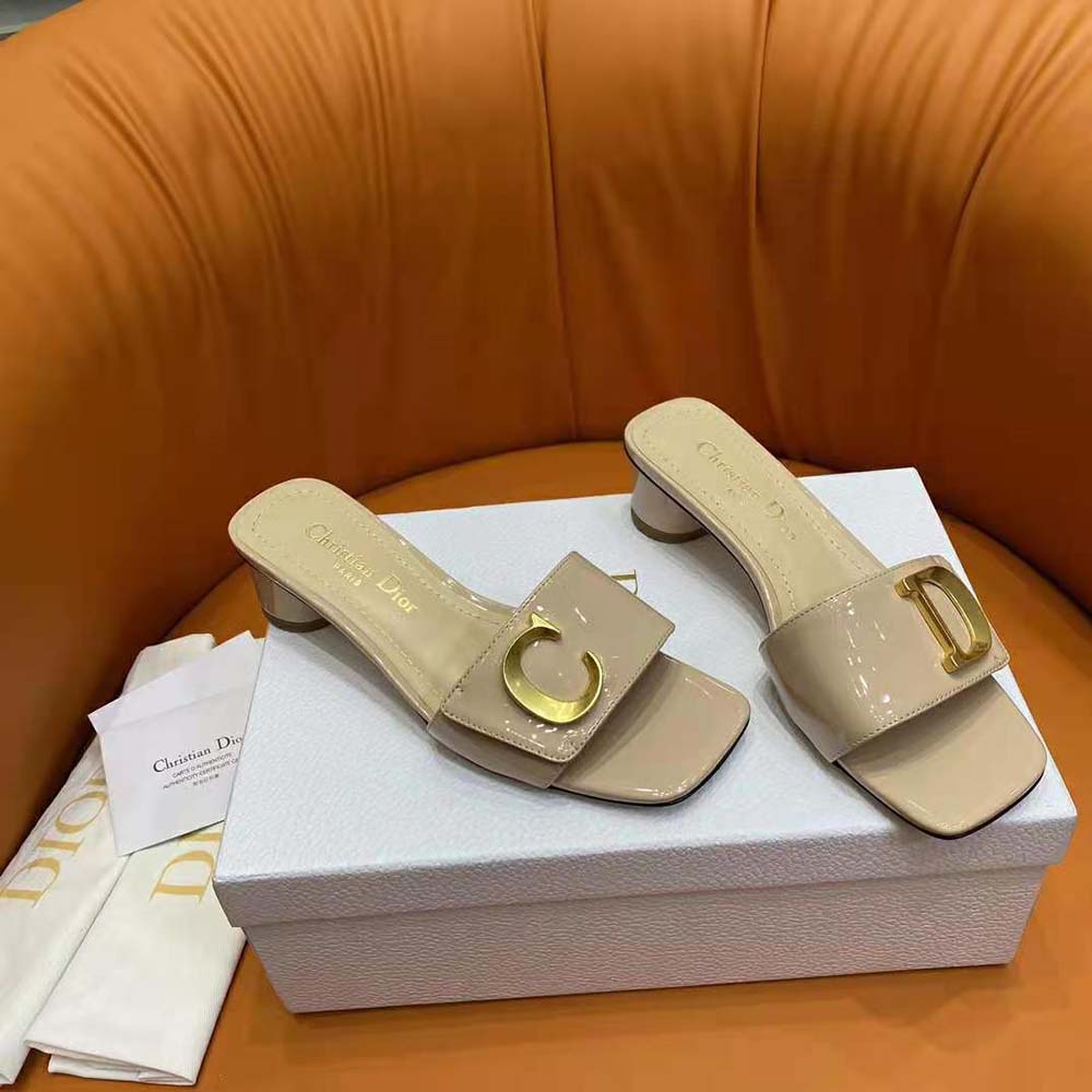 Rear angle showing heel height and signature detail on Dior Women slide