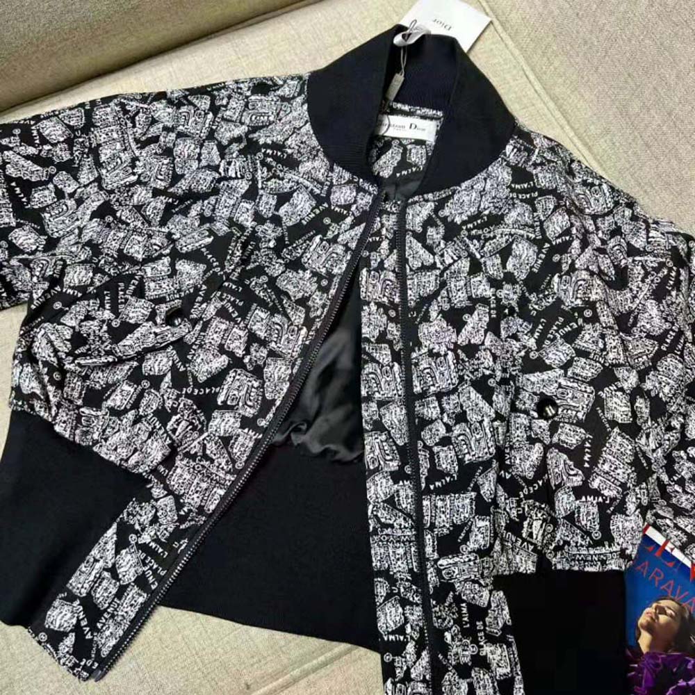 Dior Women Cropped Bomber Jacket Black and White Technical Taffeta Jacquard - image 7