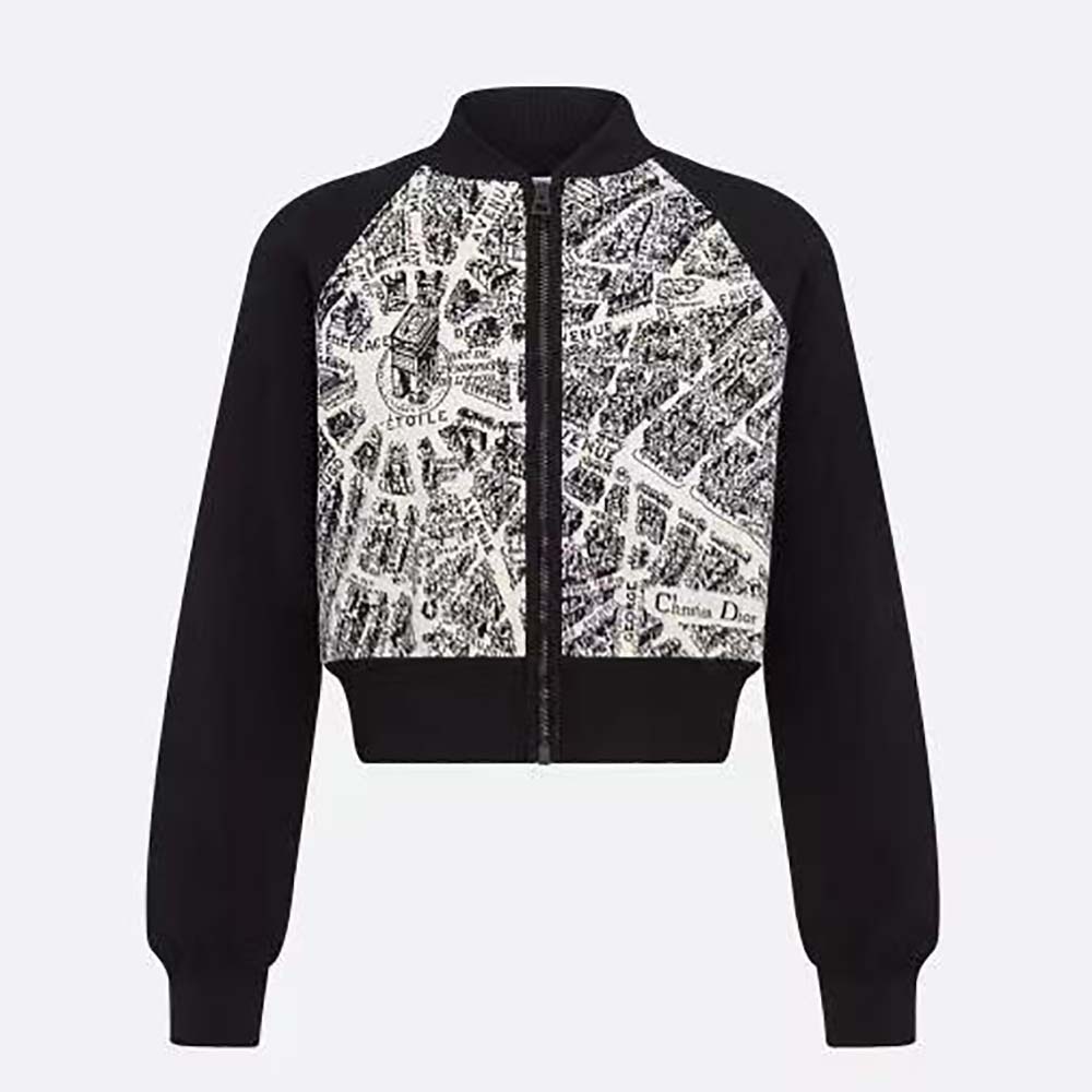 Front view of Dior Women Cropped Bomber Jacket in black and white jacquard