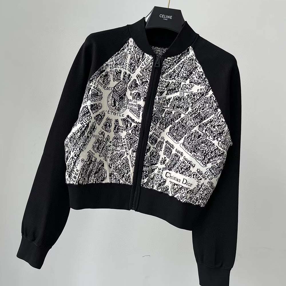 Dior Women Cropped Bomber Jacket Black and White Technical Taffeta Jacquard with Plan de Paris Motif - image 4