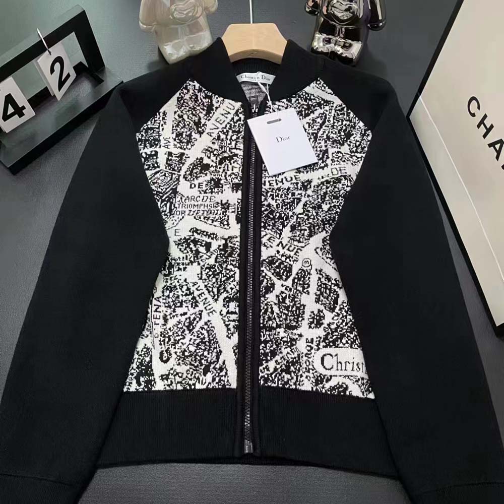 Dior Women Cropped Bomber Jacket Black and White Technical Taffeta Jacquard with Plan de Paris Motif - image 7