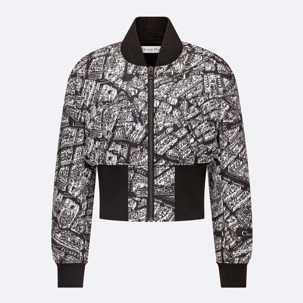 Front view of Dior Women Cropped Bomber Jacket Black and White Technical Taffeta Jacquard