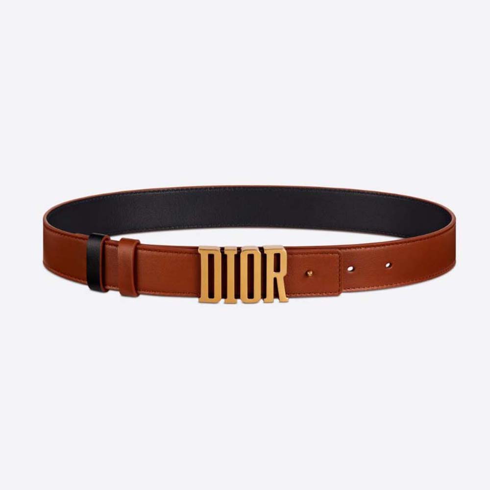 Front view of Dior Women D-Fence Reversible Belt in maroon and latte