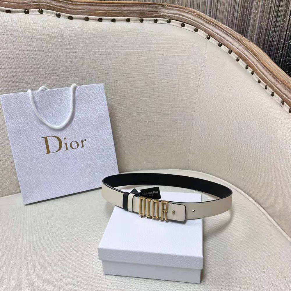 Close-up of signature Dior buckle on reversible belt in black