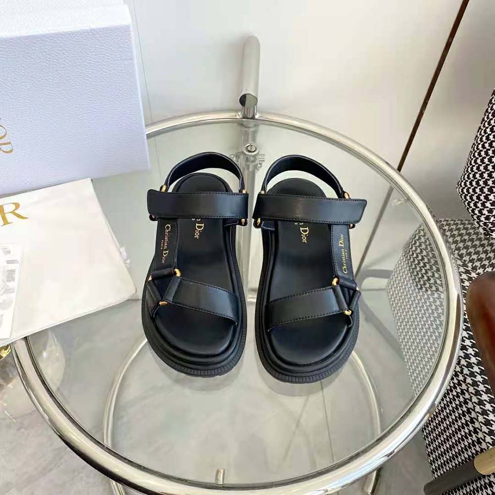 Close-up of silver buckle detail on Dior Women D-Wave Sandal Black Lambskin