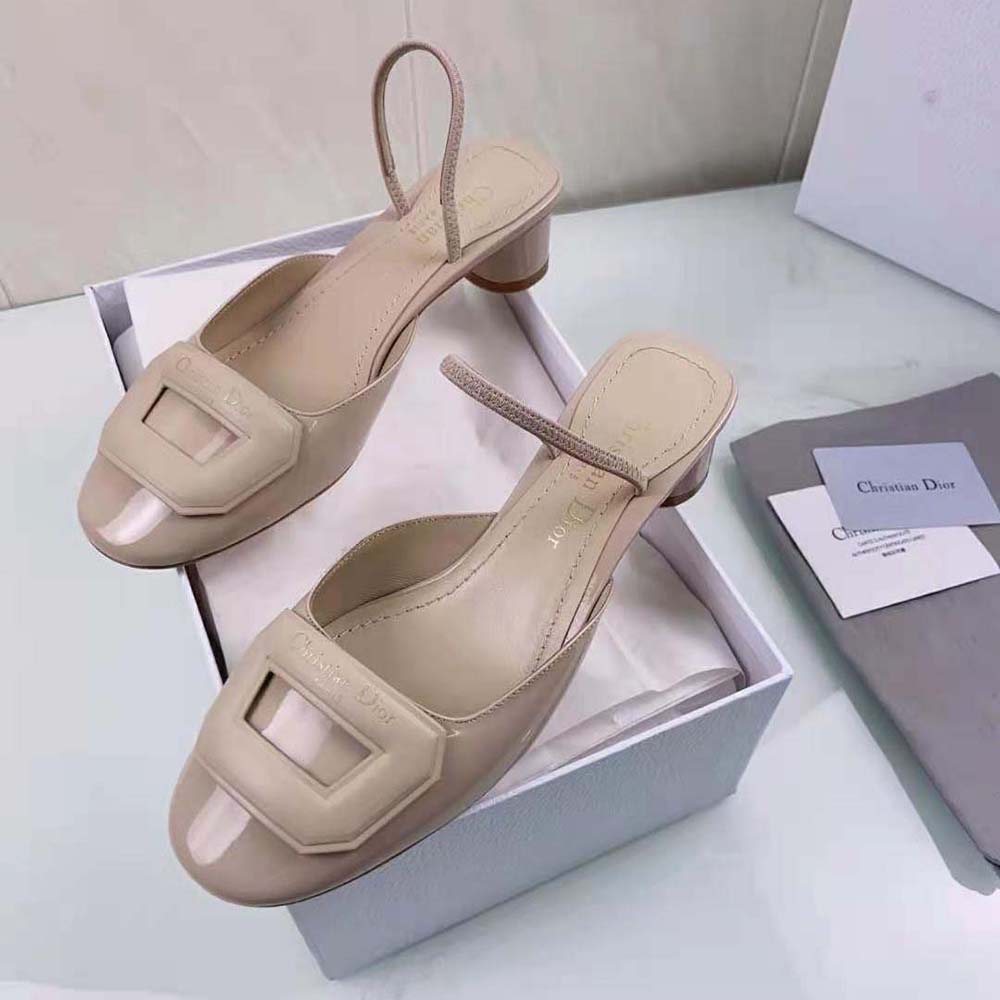 Top-down image highlighting sandy patent calfskin texture on Dior Women Day Slingback Pump