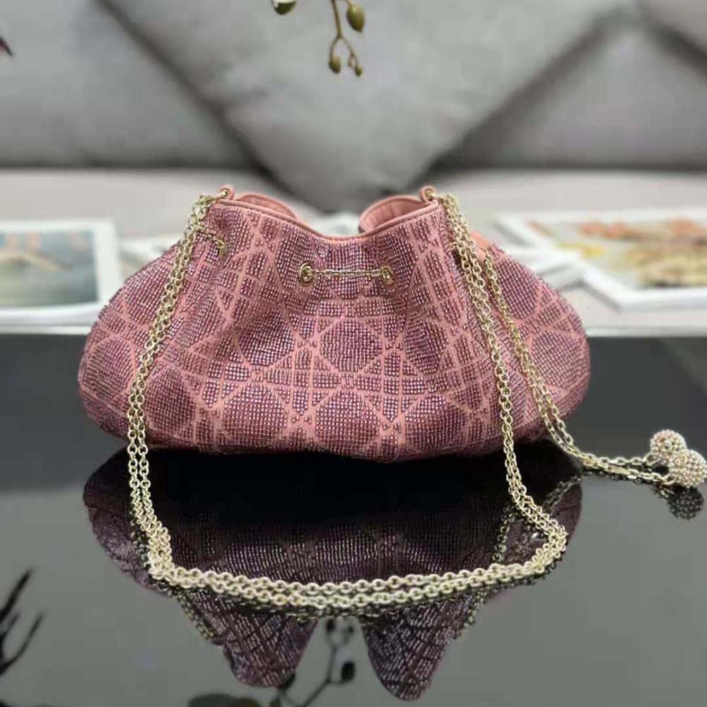Close-up of bead embroidery detail on Dior Women Dior Dream Bucket Bag Ethereal Pink