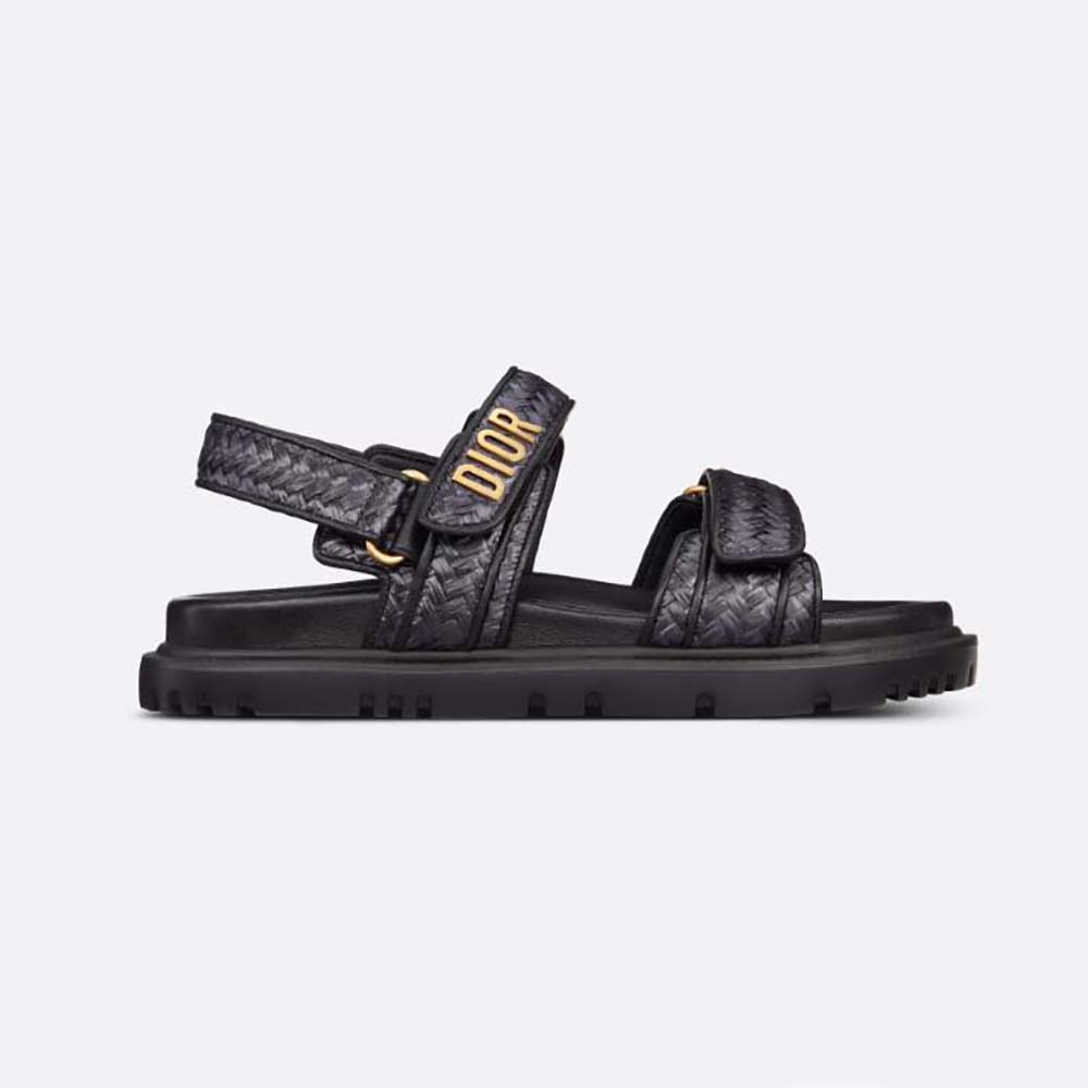 Side angle of Dior Women Dioract Sandal Black Braided Raffia showing braided texture