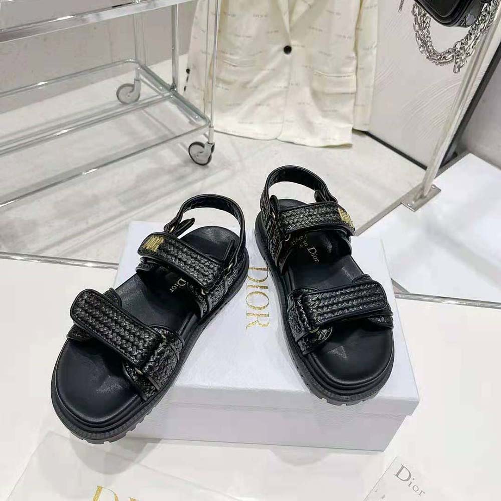 Top view of Dior Women Dioract Sandal Black Braided Raffia highlighting open-toe design