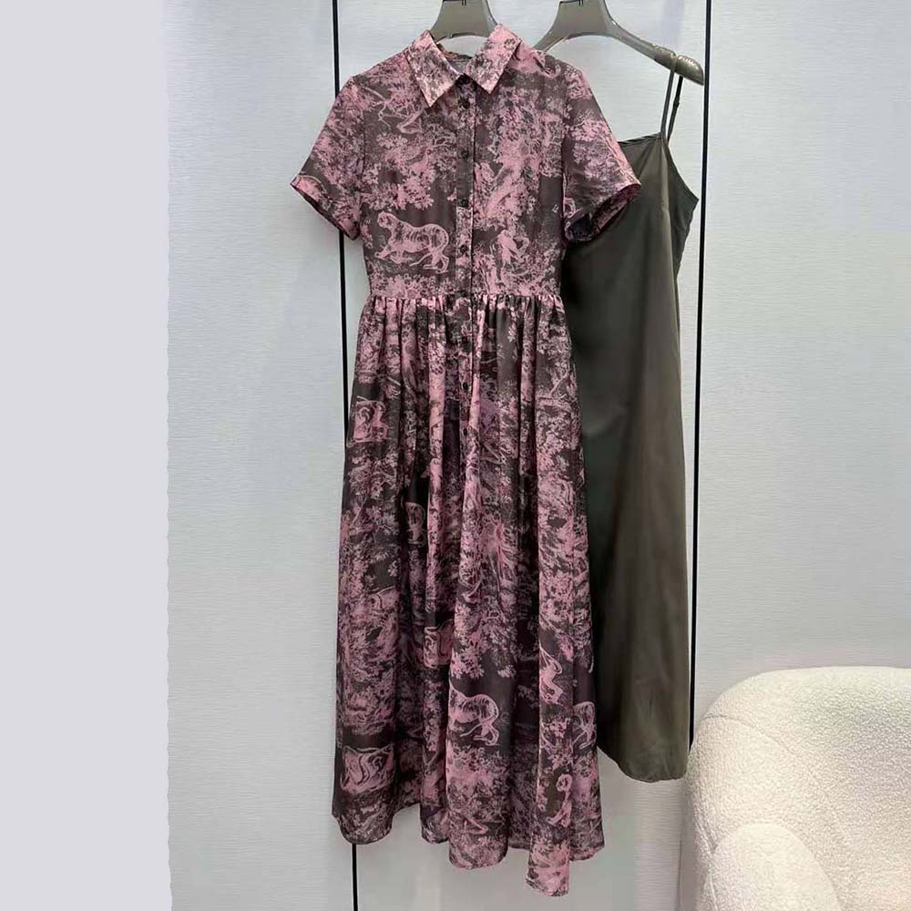 Dior Women Dioriviera Mid-length Shirt Dress Gray and Pink Cotton Muslin with Toile de Jouy Reverse Motif - image 4
