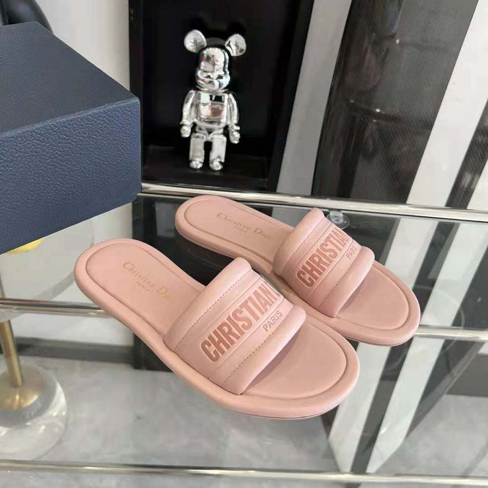 Top view highlighting open-toe and embossed strap of Dior Women Every-D Slide Pink Embossed Lambskin