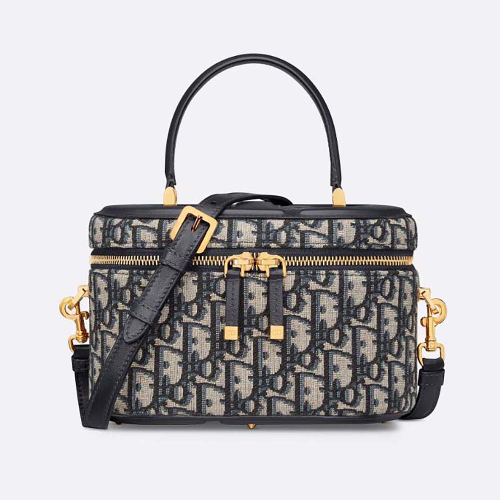 Front view of Dior Women Medium CD Signature Vanity Case Blue Dior Oblique Jacquard