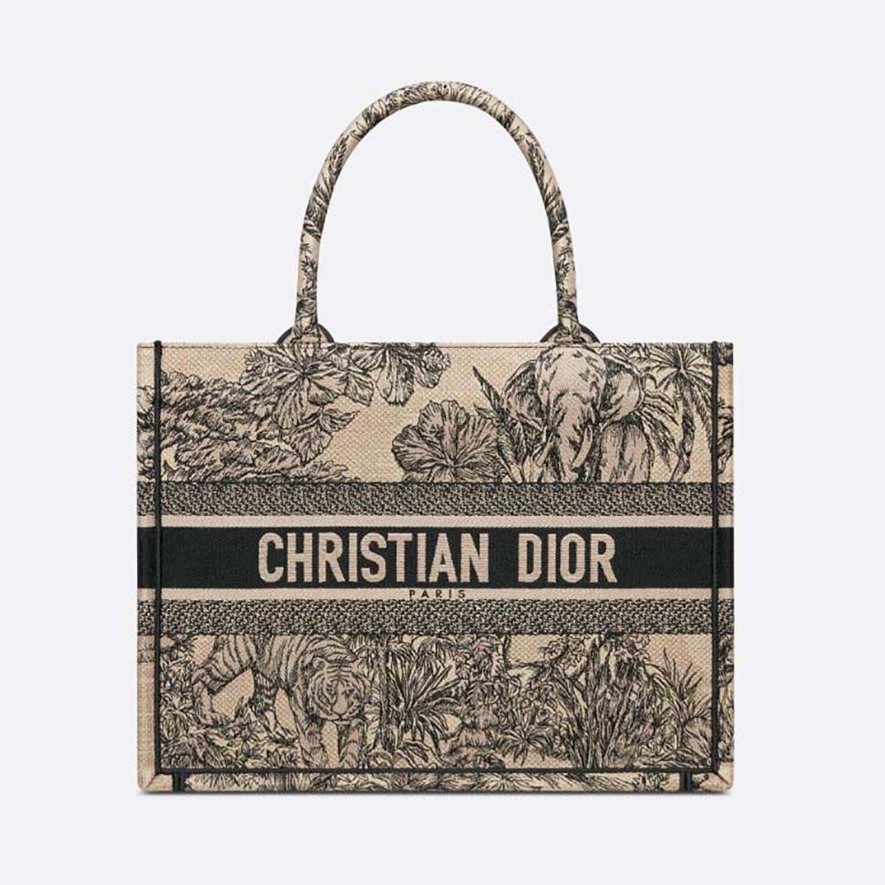 Front view of Dior Women Medium Dior Book Tote Beige Multicolor Toile de Jouy Voyage Embroidery