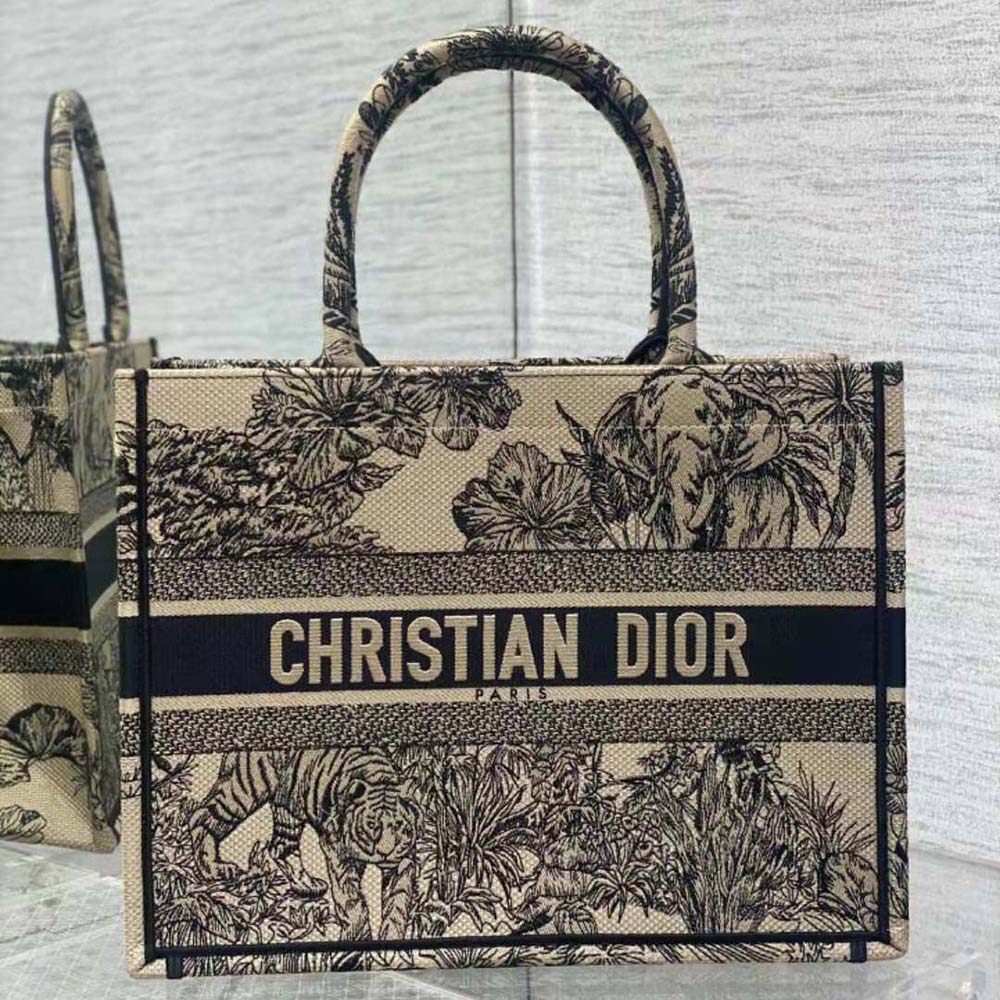 Close-up of embroidery detail on Dior Women Medium Dior Book Tote Beige Multicolor