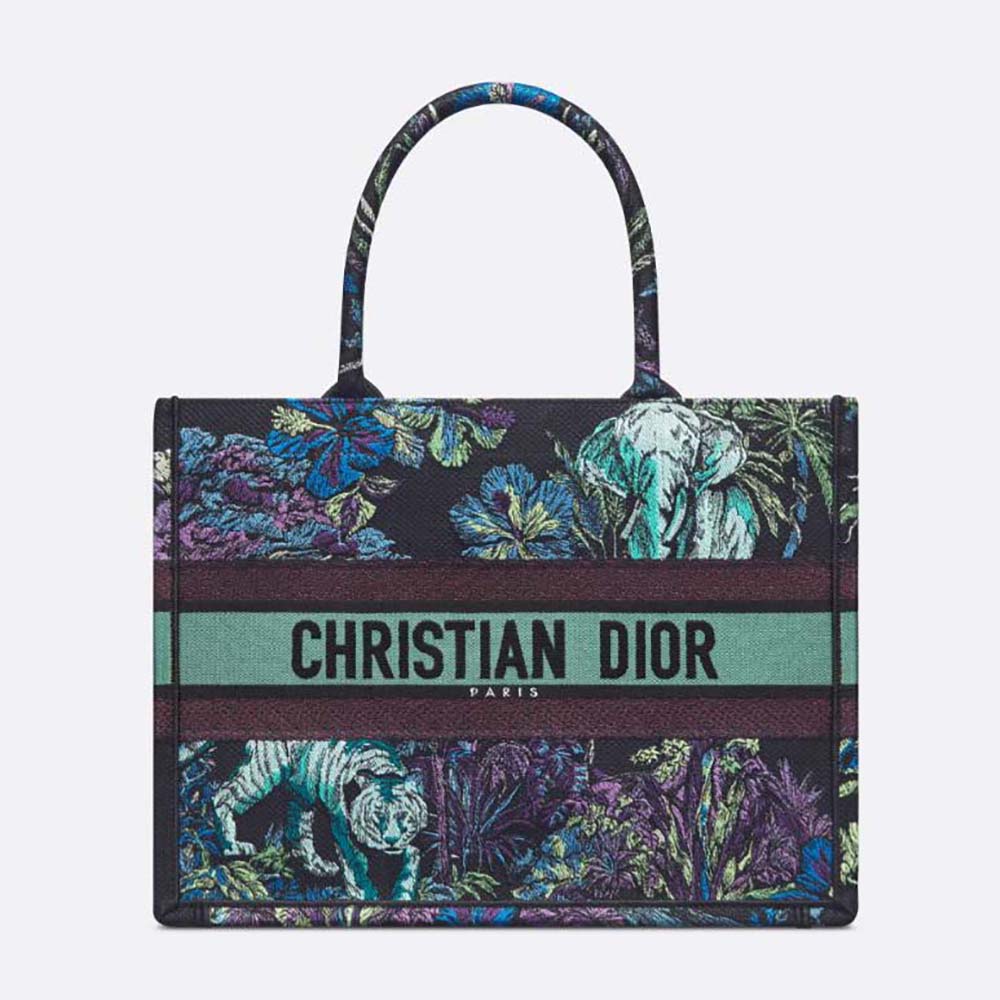 Front angle of Dior Women Medium Dior Book Tote Blue Multicolor Toile de Jouy Voyage Embroidery