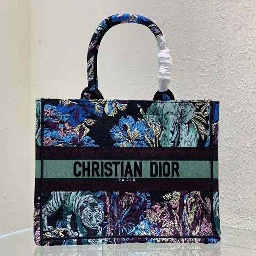 Close-up of multicolor embroidery detail on Dior Women Medium Dior Book Tote