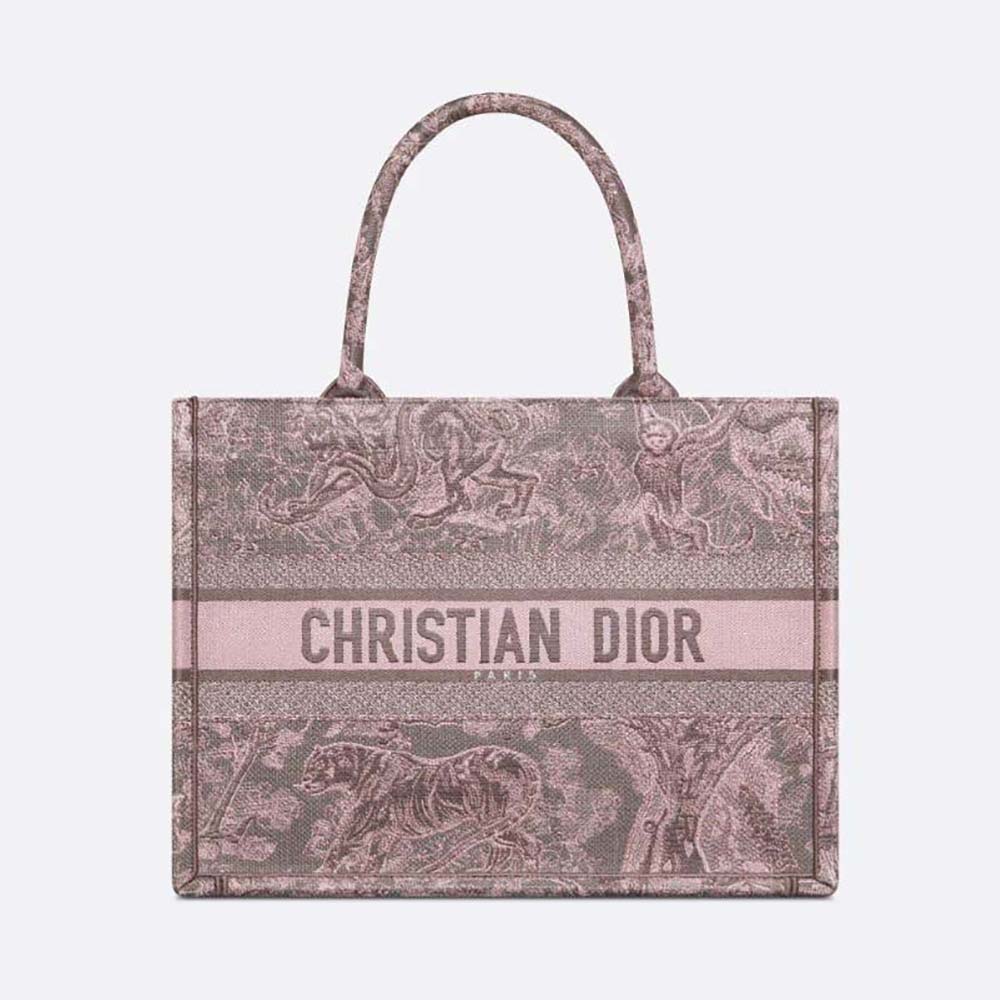 Front view of Dior Women Medium Dior Book Tote Gray and Pink Toile de Jouy Reverse Embroidery