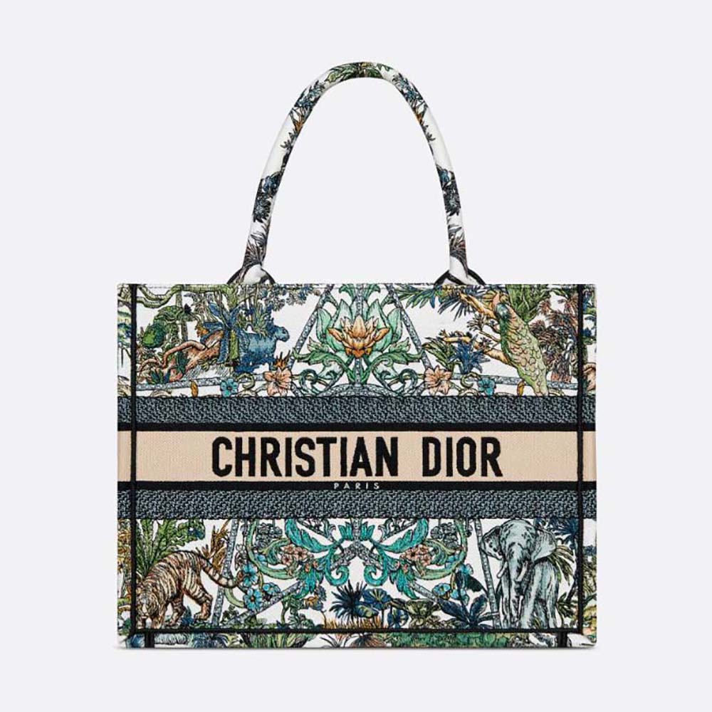 Front view of Dior Women Medium Dior Book Tote White Multicolor Étoile de Voyage Embroidery