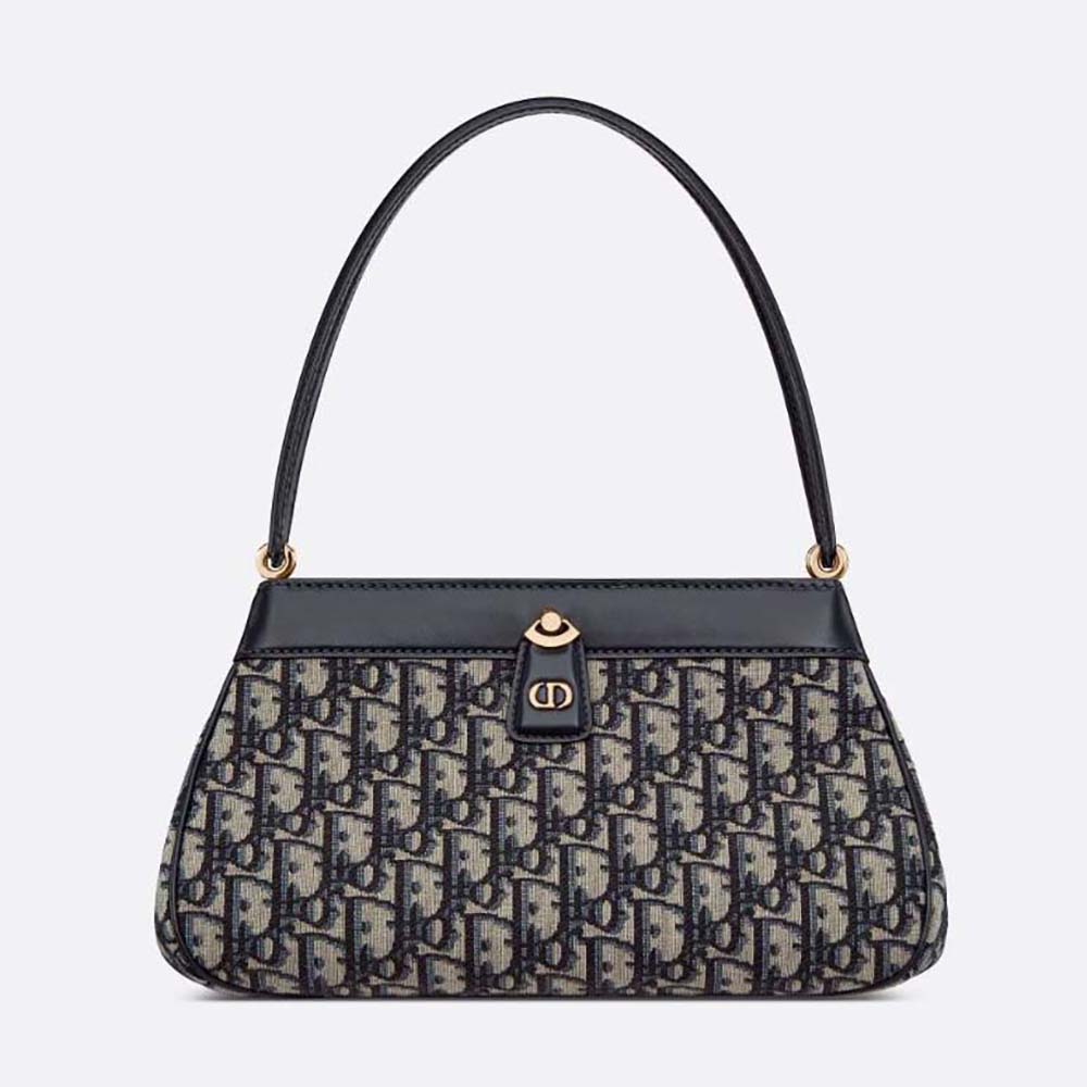 Front view of Dior Women Medium Dior Key Bag Blue Dior Oblique Jacquard