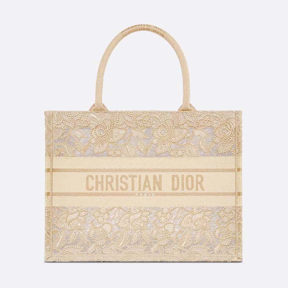Front view of Dior Women Medium Dior Book Tote with gold-tone D-lace embroidery