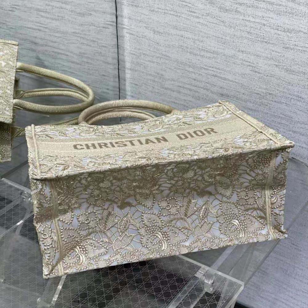 Dior Women Medium Dior or Dior Book Tote Gold-Tone D-Lace Embroidery with Macramé Effect - image 5