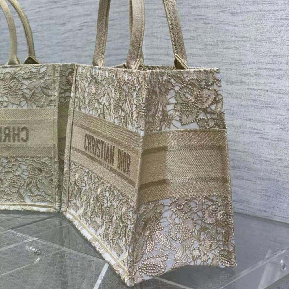 Dior Women Medium Dior or Dior Book Tote Gold-Tone D-Lace Embroidery with Macramé Effect - image 4