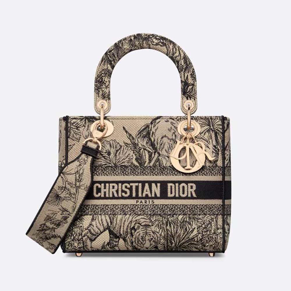 Front view of Dior Women Medium Lady D-lite Bag Beige Multicolor Toile de Jouy Voyage Embroidery