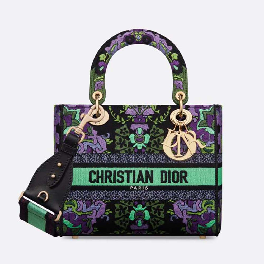 Front view of Dior Women Medium Lady D-lite Bag with purple embroidery